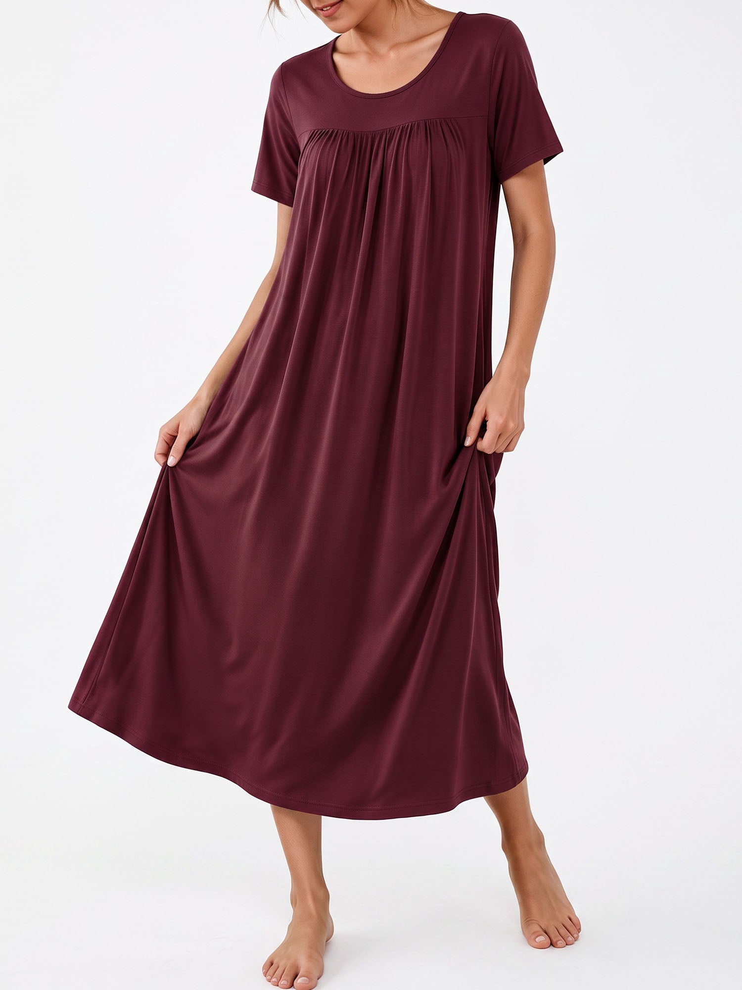 Bamboo Viscose Nightgowns for Women Pleated Floral House Dress Comfy Long Loungwear Short Sleeve Sleepwear