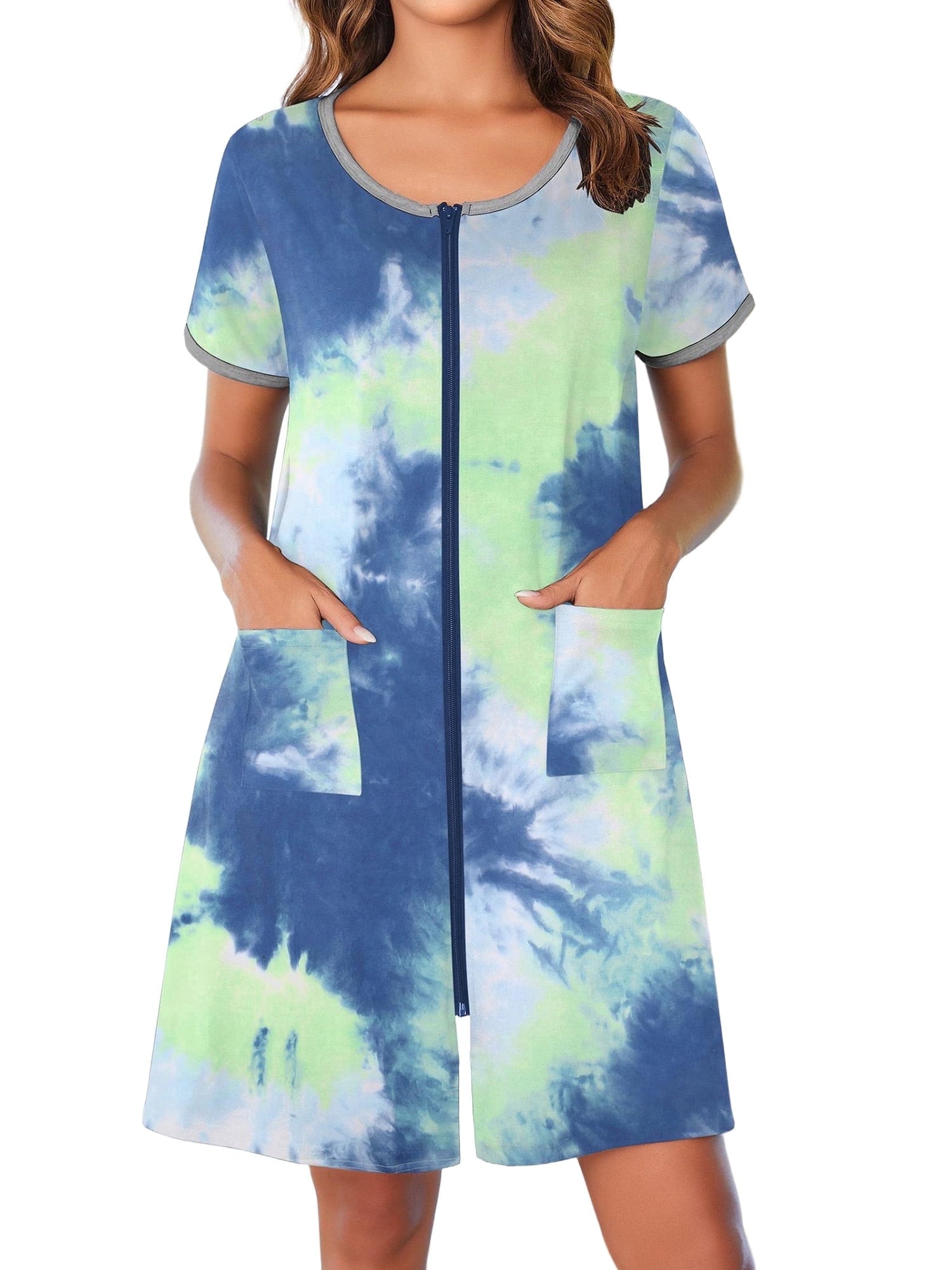 Women Zipper Front Robes Short Sleeve House Coat Zip Up Short Loungewear Dress with Pockets Nightgown Sleepwear Bathrobes