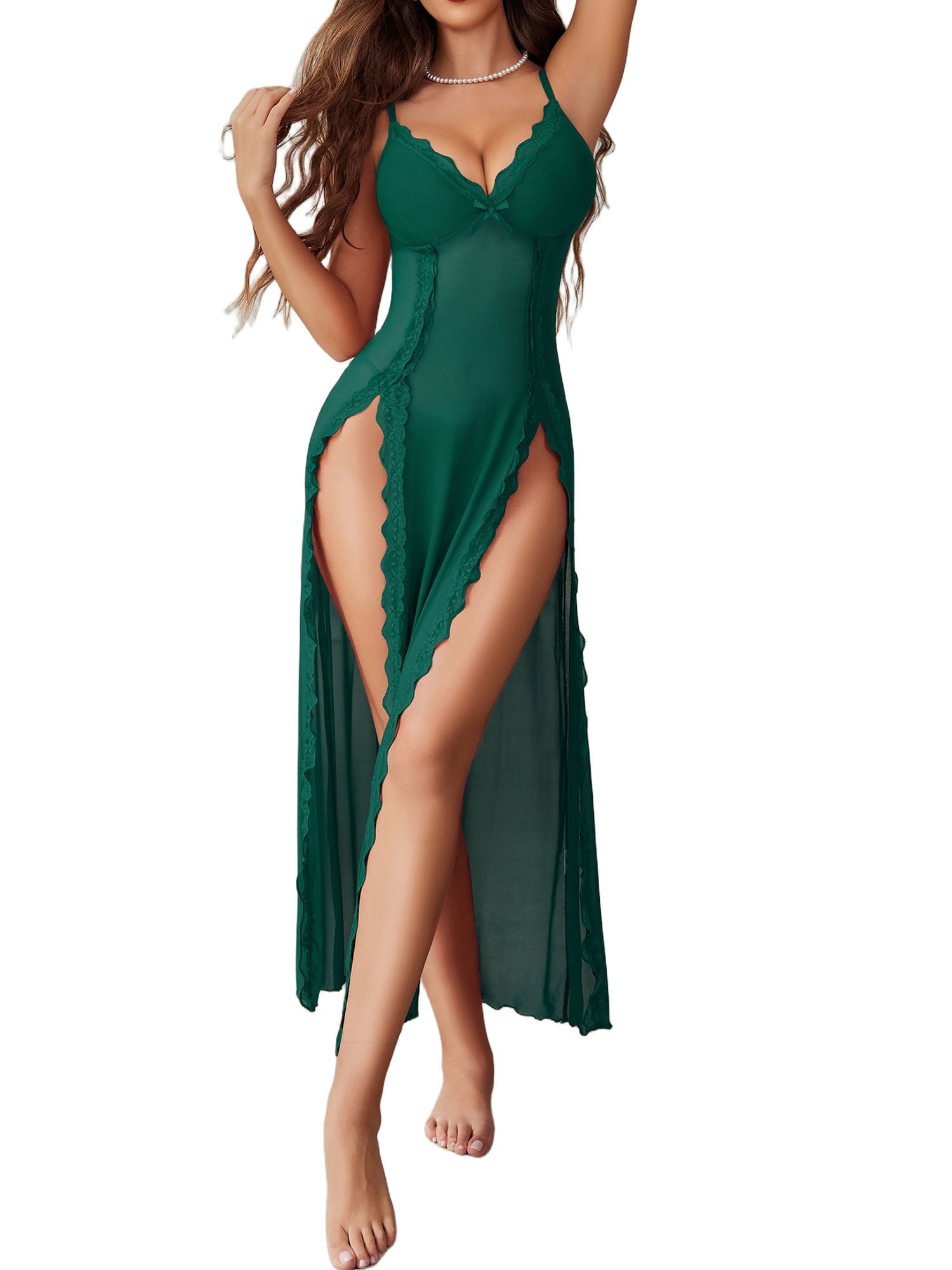 KISSGAL Lingerie for Women Side Split Babydoll Chemise Sexy Nightdress Deep V Neck Nightwear Long Nightgown
