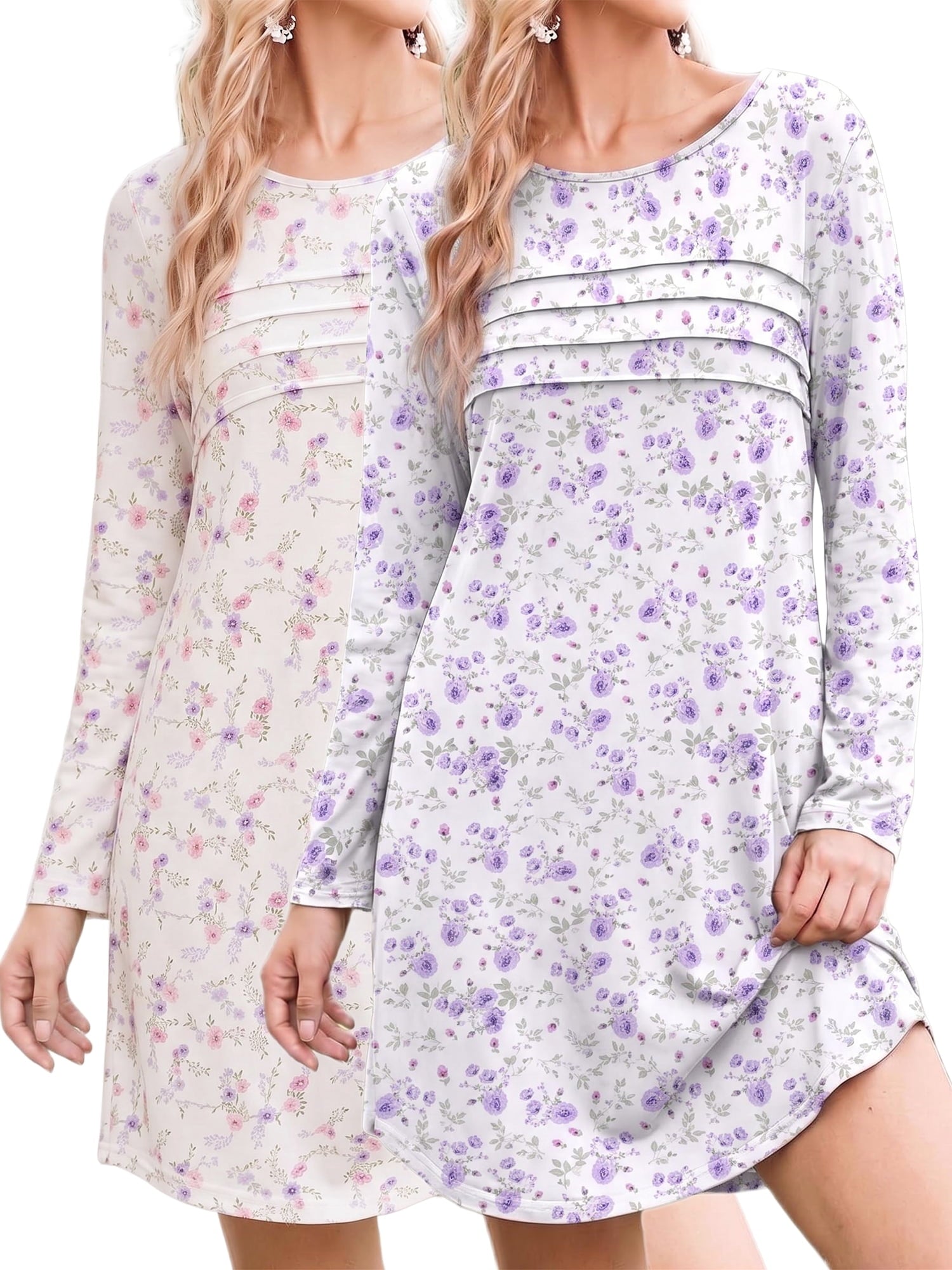 2 Pack Nightgowns for Women Long Sleeve Nightshirts Soft Crew Neck Pajamas Dress Sleepwear , Floral Printed, S-XXXL