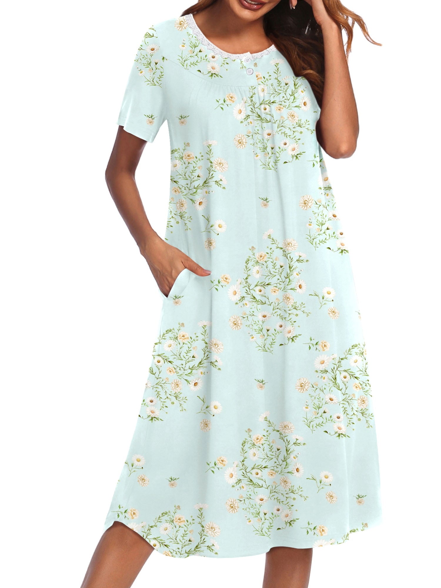 Nightgowns for Women Floral Short Sleeve Henley Sleepshirt Long Nightdress Sleepwear with Pockets S-3XL