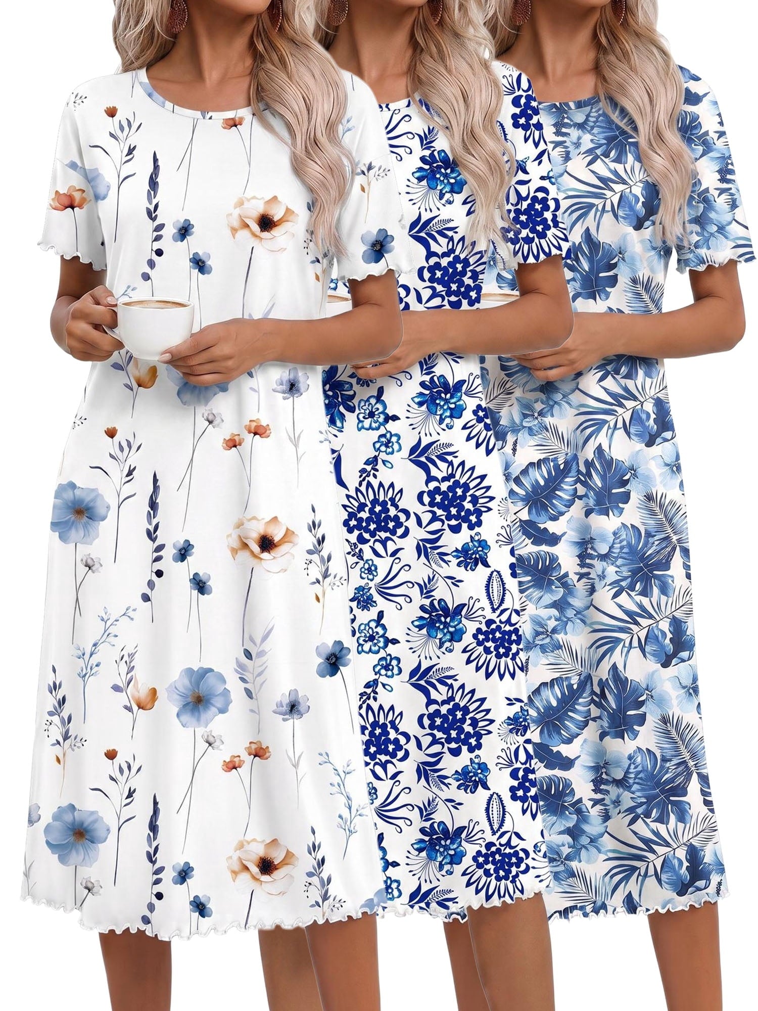 3 Pack Women Nightgown Sleepwear Ruffle Short Sleeve Sleepshirts V Neck Sleepdress Causal Pajama Dress S-XXXL