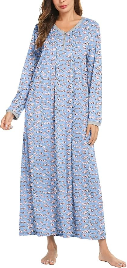 Women Long Sleeve Nightgown Long Sleepshirts Henley Sleep Dress Full Length Sleepwear