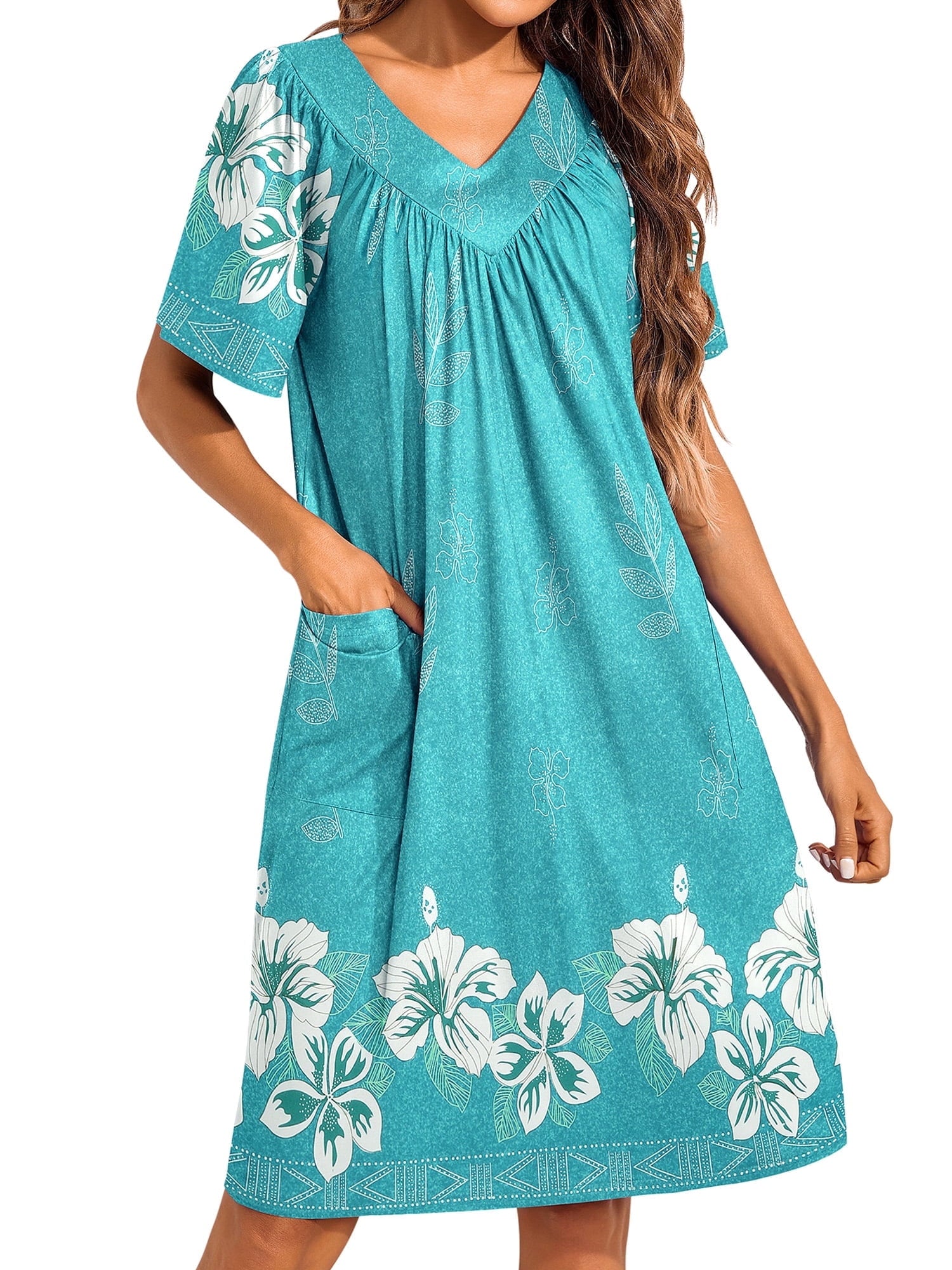 Women House Dress Floral Print Nightgown with Pockets Comfy Short Sleeve Nightdress