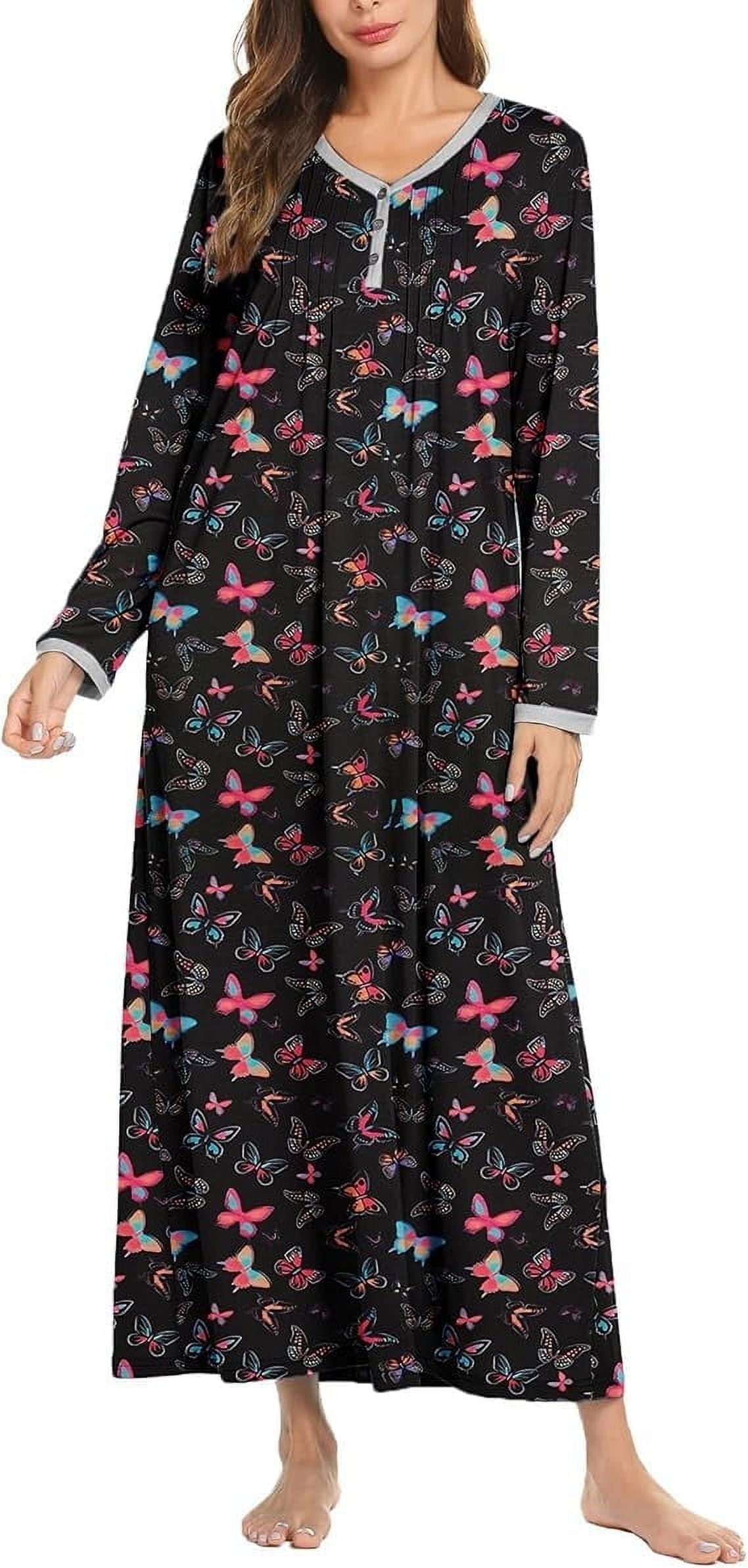 Women Long Sleeve Nightgown Long Sleepshirts Henley Sleep Dress Full Length Sleepwear