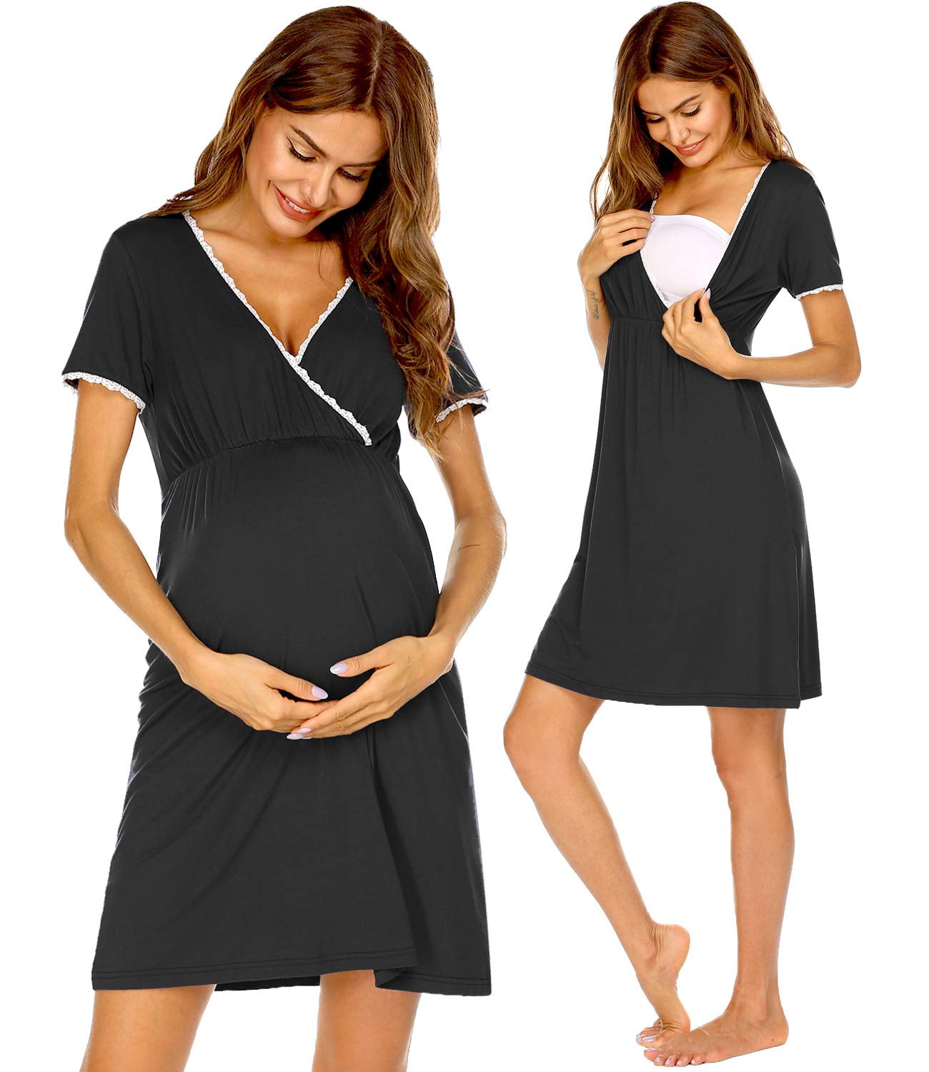 Women 3 in 1 Nursing Nightgown Short Sleeve Pleated Maternity Sleepwear for Breastfeeding Sleep Dress