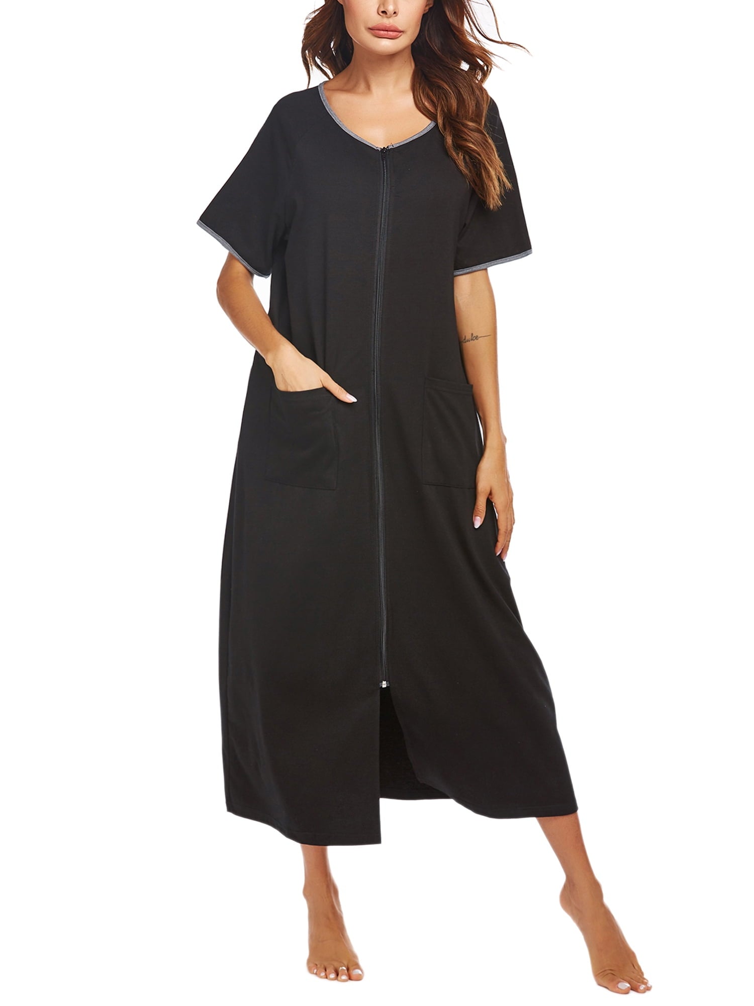 Women Zipper Front Robes Full Length Housecoat Short Sleeve Bathrobes with Pocket Loungewear