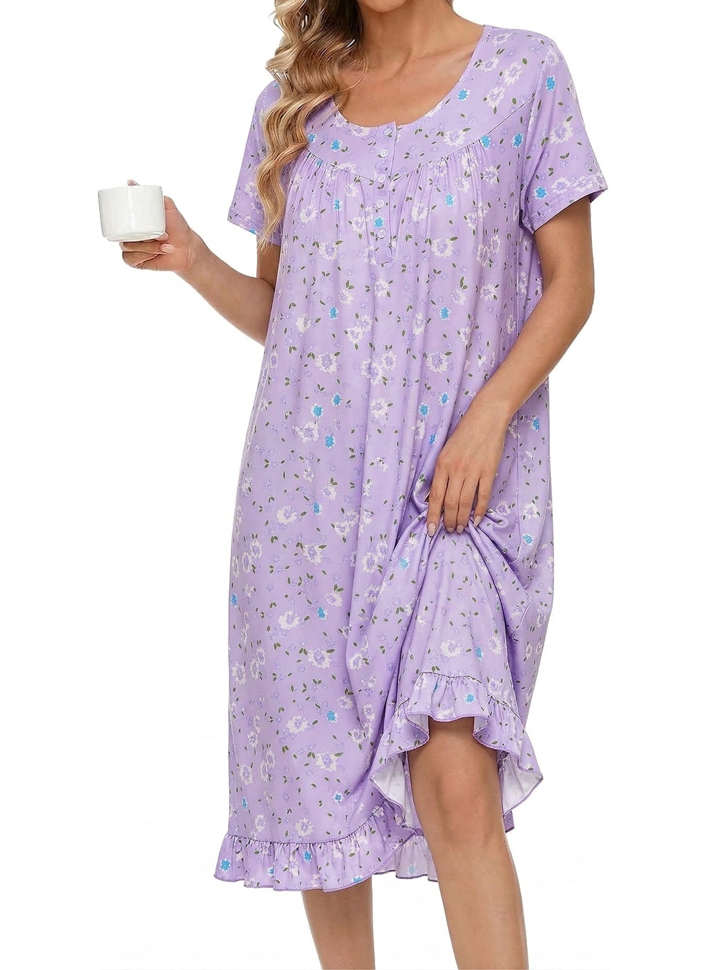 Women Nightgowns with Pockets Button Front Henley NeckHouse Dresses Ruffle Hem Nightdress Sleepwear Short Sleeve Pajamas Dress