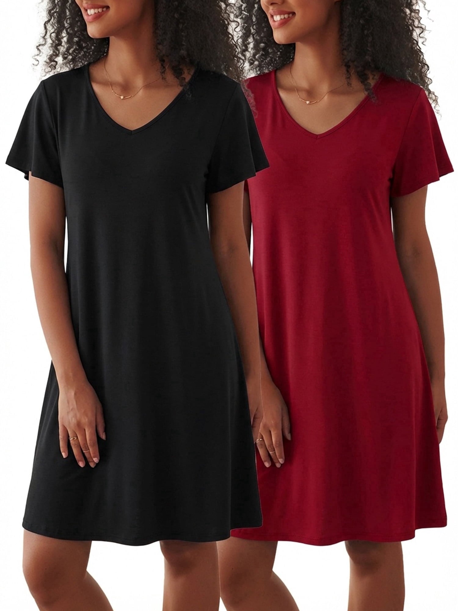 2 Pack Women Nightgown Sleepwear Flare Short Sleeve Sleepshirts V Neck Sleepdress Causal Pajama Dress