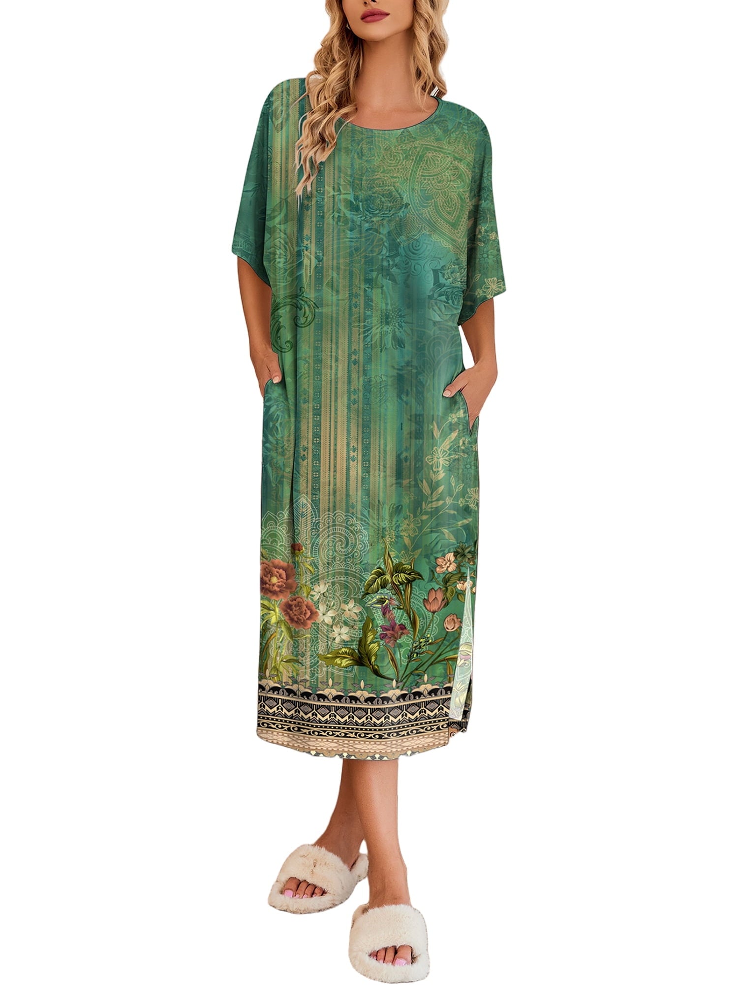 Women Long Nightgown Short Sleeve Sleepshirt Casual Maxi Loungewear with Pockets