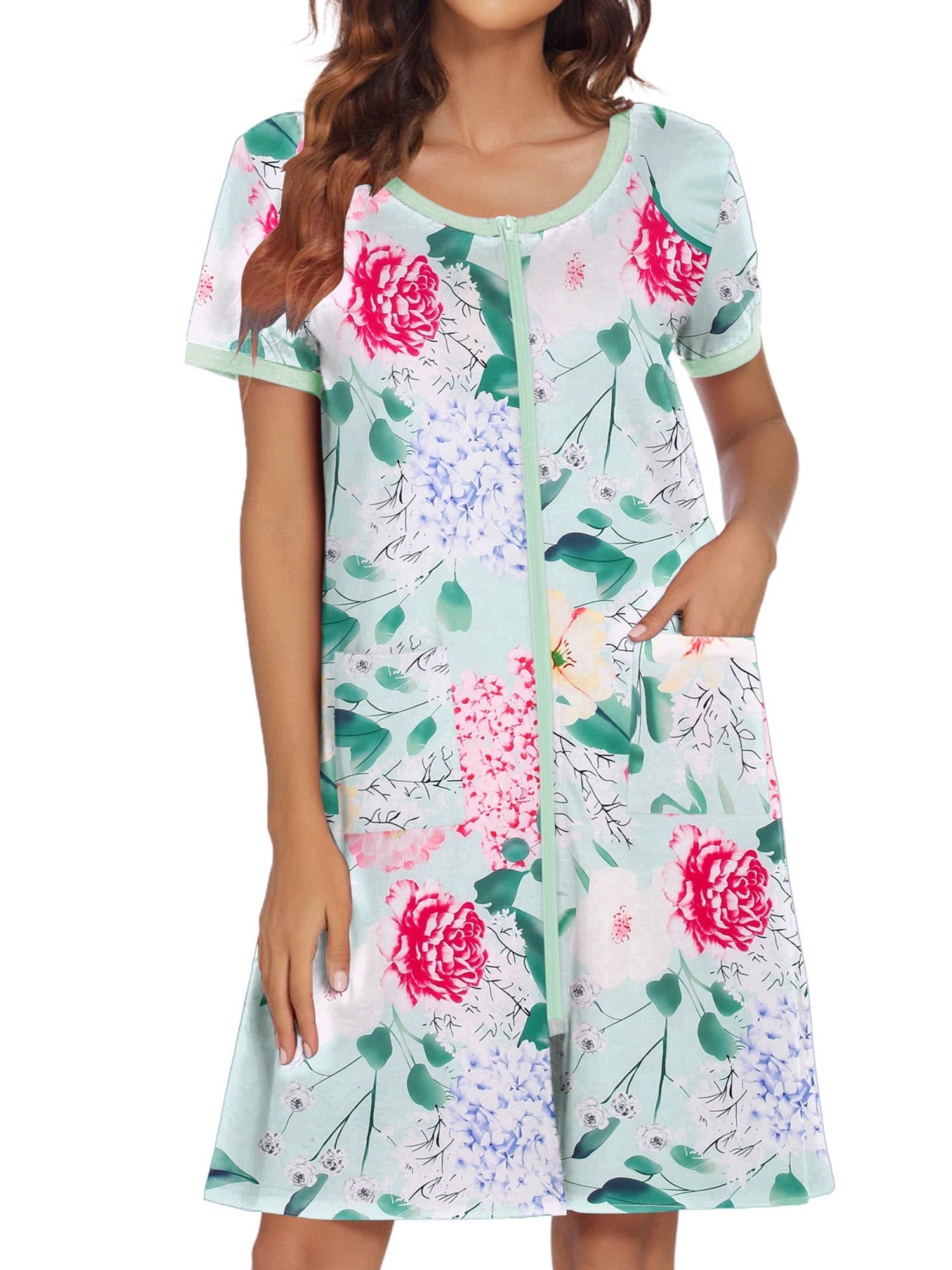 Women Zipper Front Robes Short Sleeve House Coat Zip Up Short Loungewear Dress with Pockets Nightgown Sleepwear Bathrobes