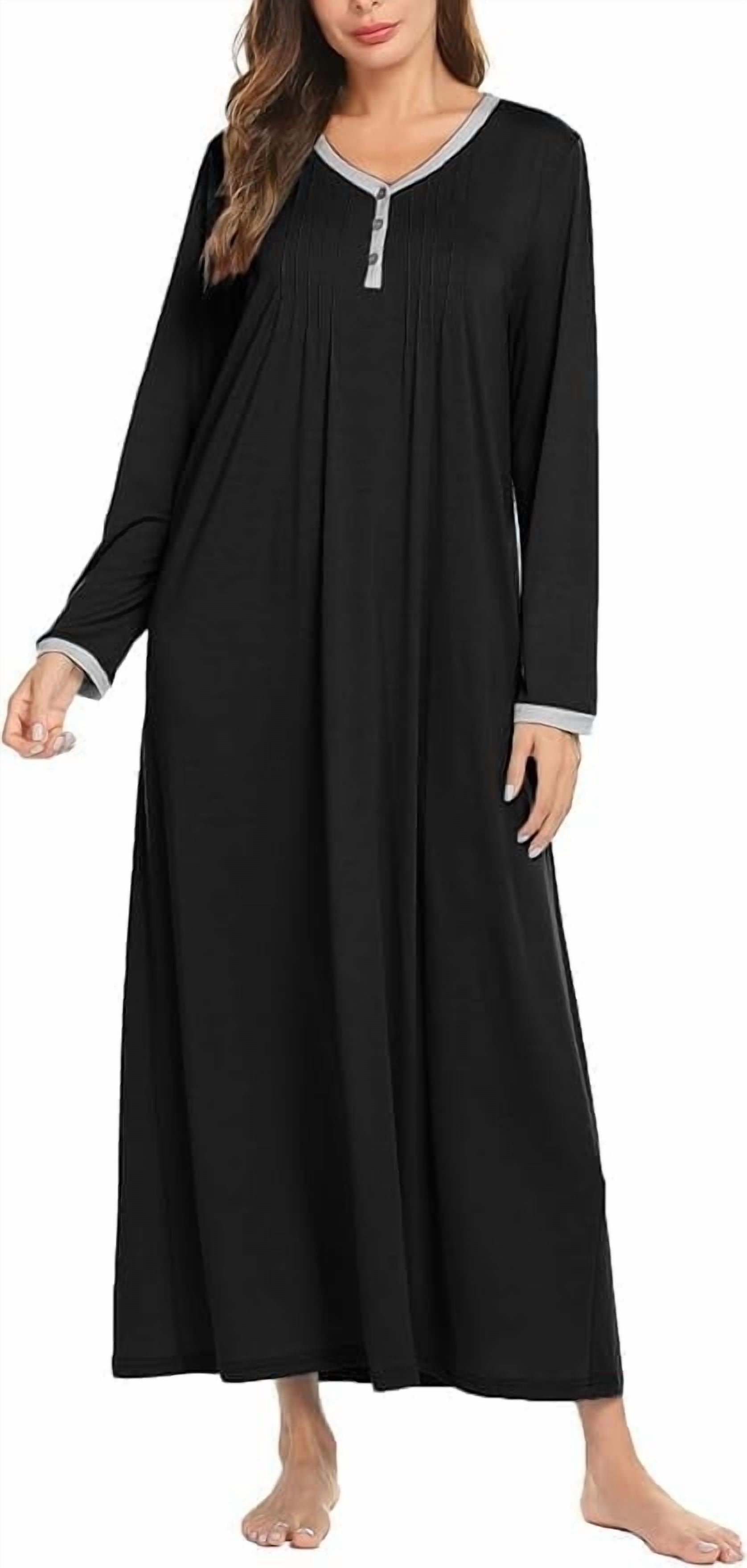 Women Long Sleeve Nightgown Sleepwear Long Sleepshirts Henley Sleep Dress Full Length Nightdress